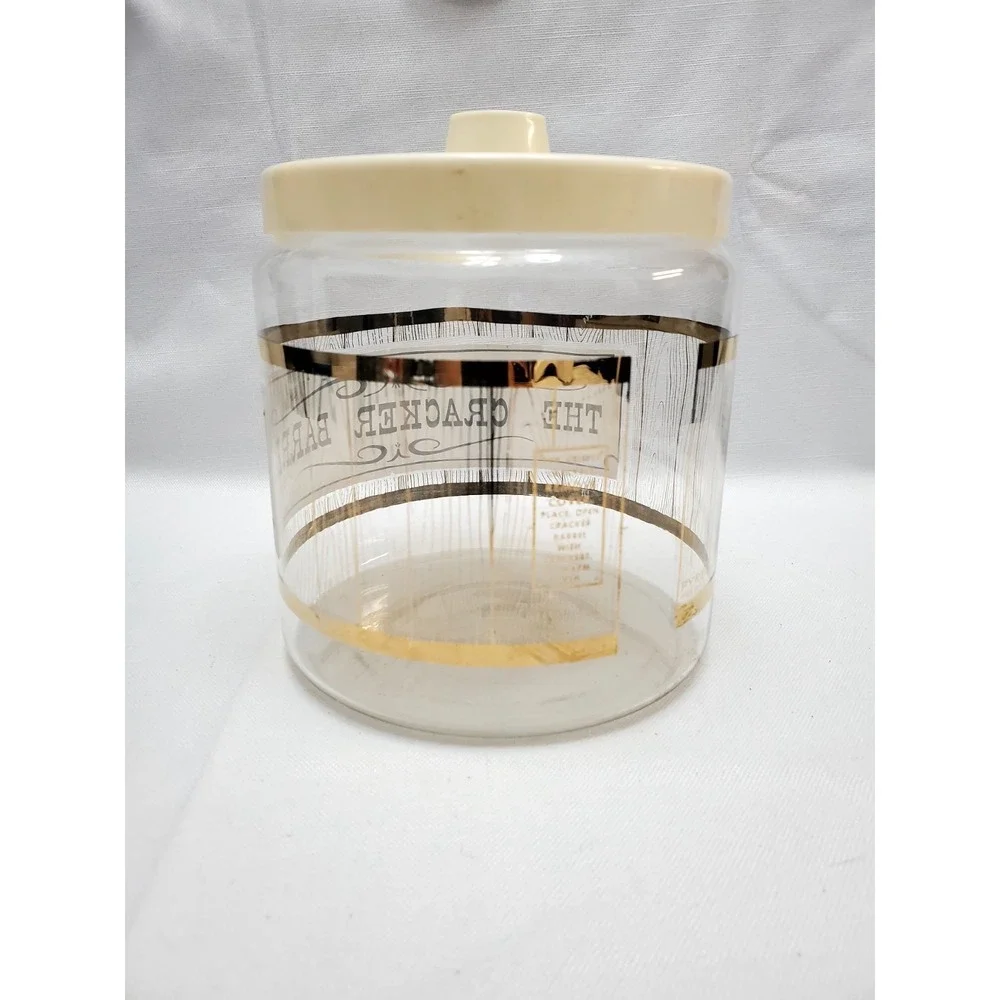 1960's Pyrex The Cracker Barrel Glass Cookie Candy Canister Jar Clear Gold W/Lid